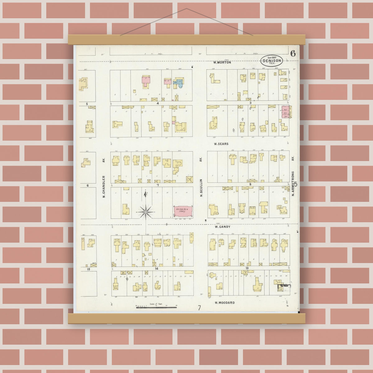 Old map wall art mockup — magnetic wood frame on brick wall — Sanborn Fire Insurance Map from Denison, Grayson County, Texas (1897), Sheet #0006