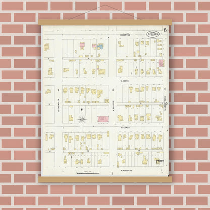 Old map wall art mockup — magnetic wood frame on brick wall — Sanborn Fire Insurance Map from Denison, Grayson County, Texas (1897), Sheet #0006