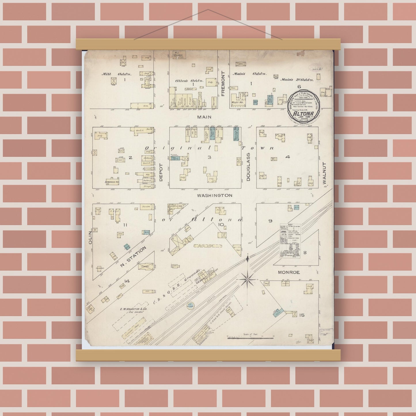 Old map wall art mockup — magnetic wood frame on brick wall — Sanborn Fire Insurance Map from Altona, Knox County, Illinois (1886), Sheet #0001