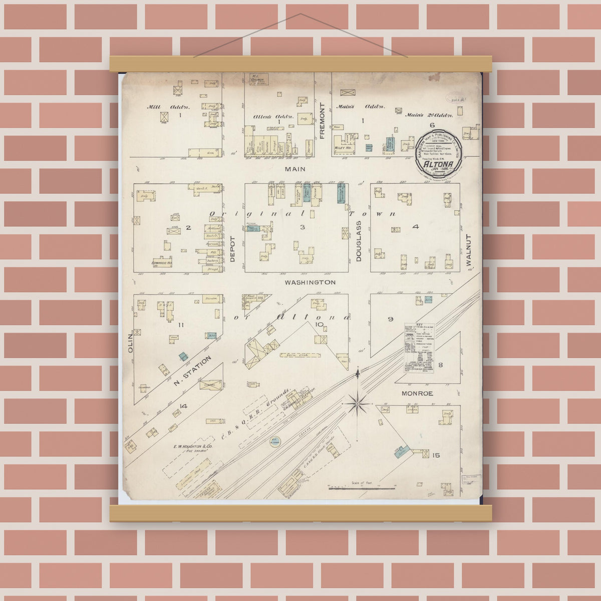 Old map wall art mockup — magnetic wood frame on brick wall — Sanborn Fire Insurance Map from Altona, Knox County, Illinois (1886), Sheet #0001