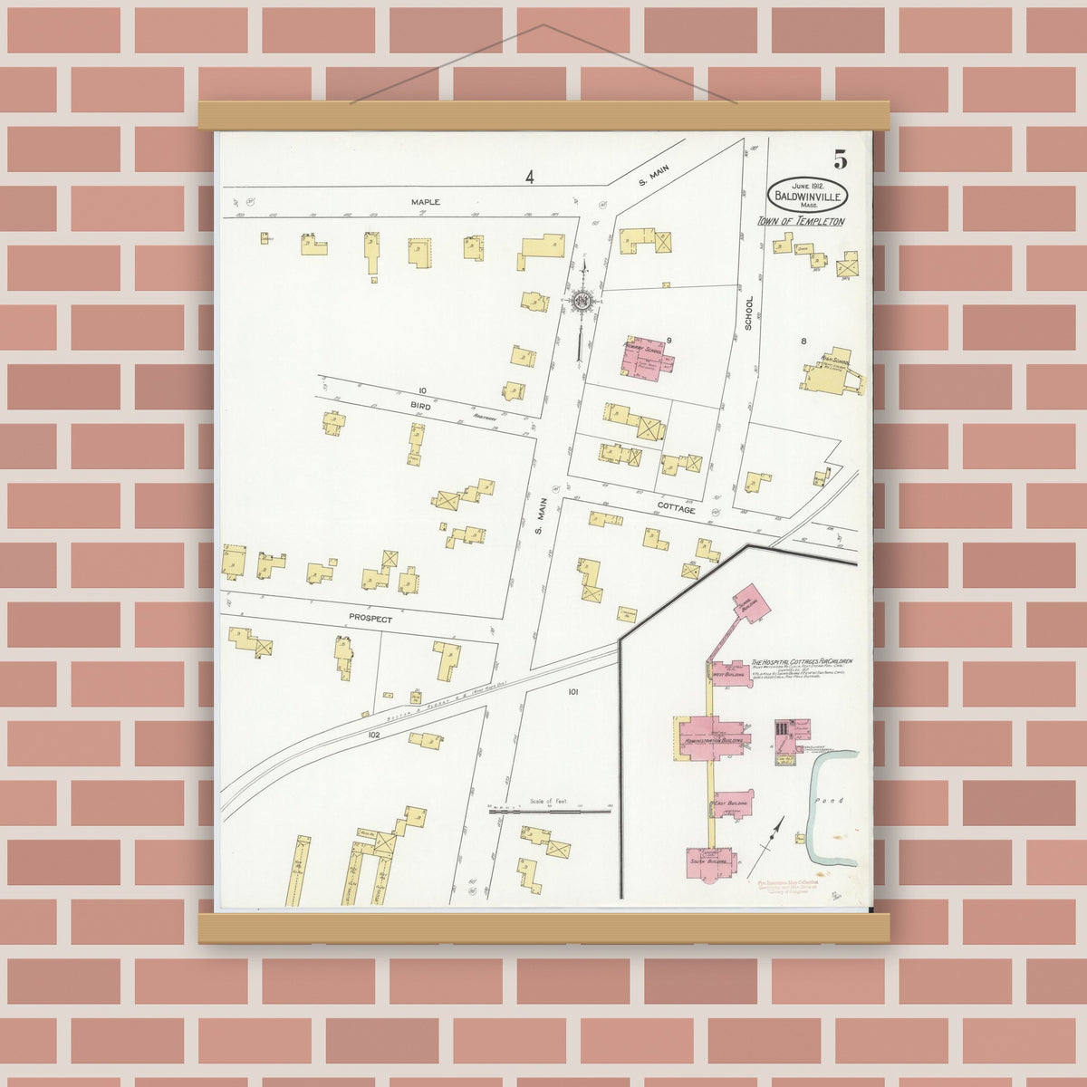 Old map wall art mockup — magnetic wood frame on brick wall — Sanborn Fire Insurance Map from Baldwinville, Worcester County, Massachusetts (1912), Sheet #0005