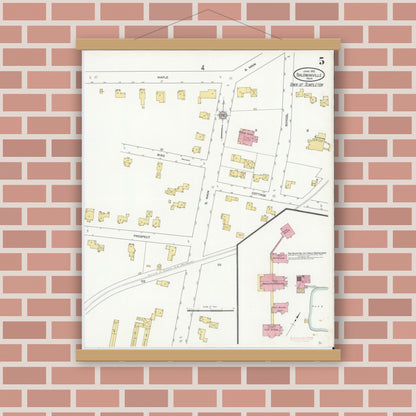 Old map wall art mockup — magnetic wood frame on brick wall — Sanborn Fire Insurance Map from Baldwinville, Worcester County, Massachusetts (1912), Sheet #0005