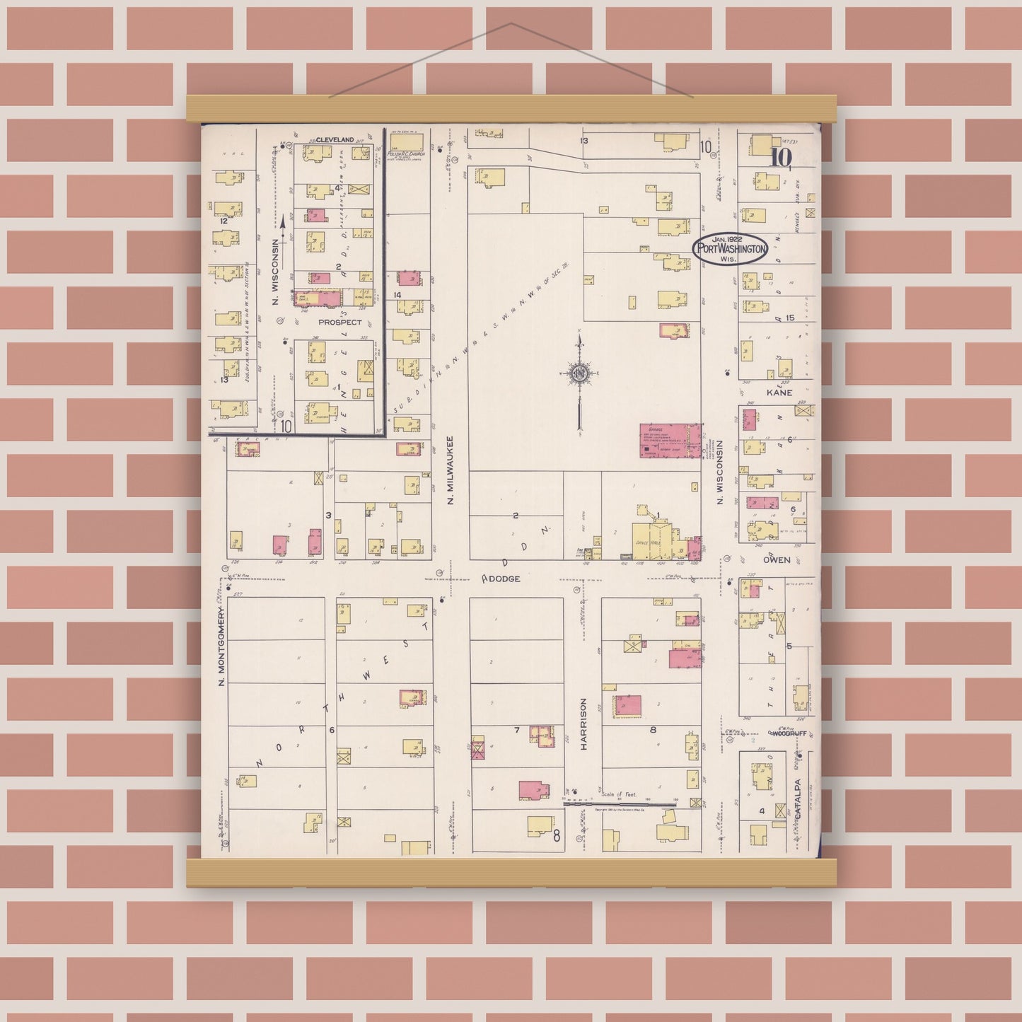 Old map wall art mockup — magnetic wood frame on brick wall — Sanborn Fire Insurance Map from Port Washington, Ozaukee County, Wisconsin (1922), Sheet #0010