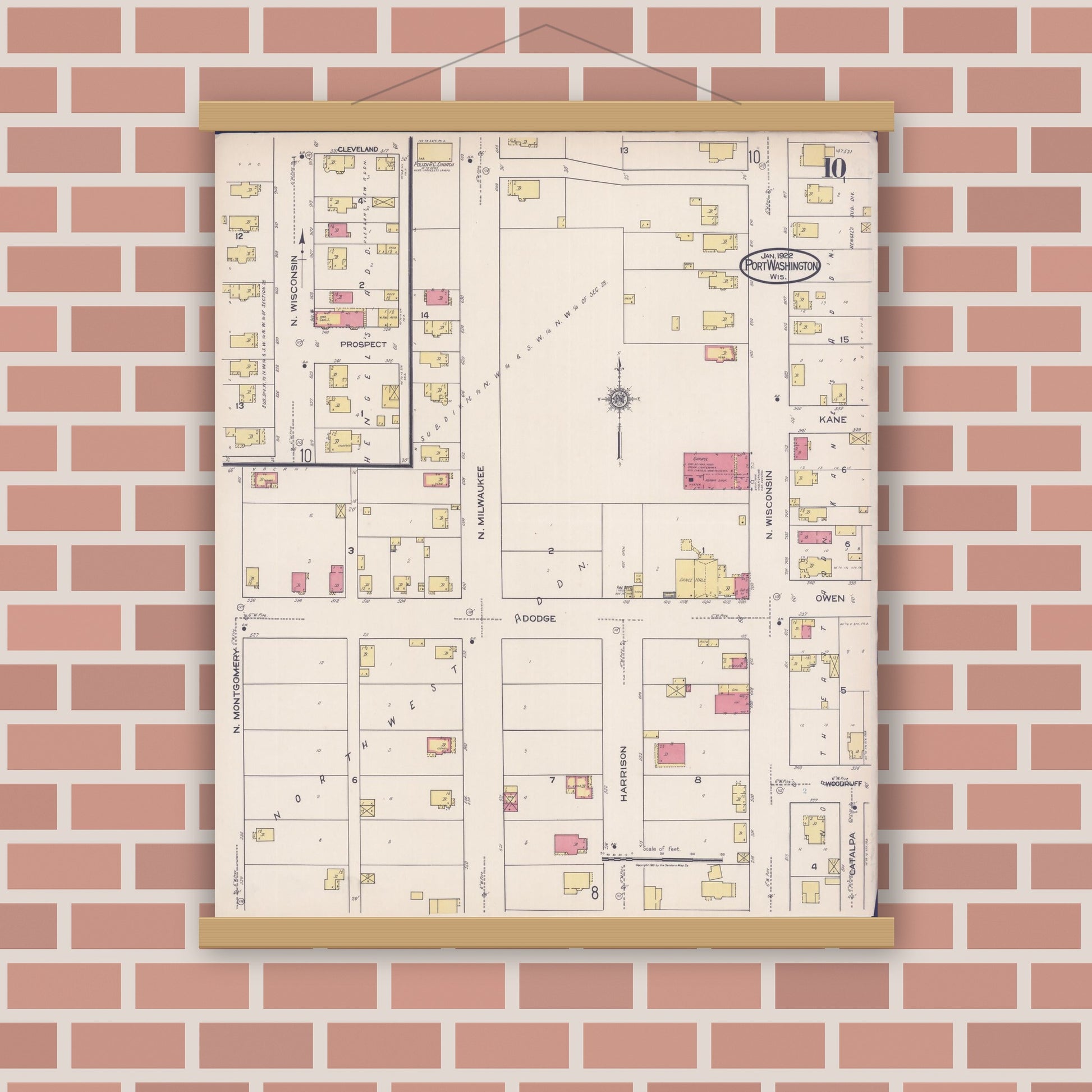 Old map wall art mockup — magnetic wood frame on brick wall — Sanborn Fire Insurance Map from Port Washington, Ozaukee County, Wisconsin (1922), Sheet #0010