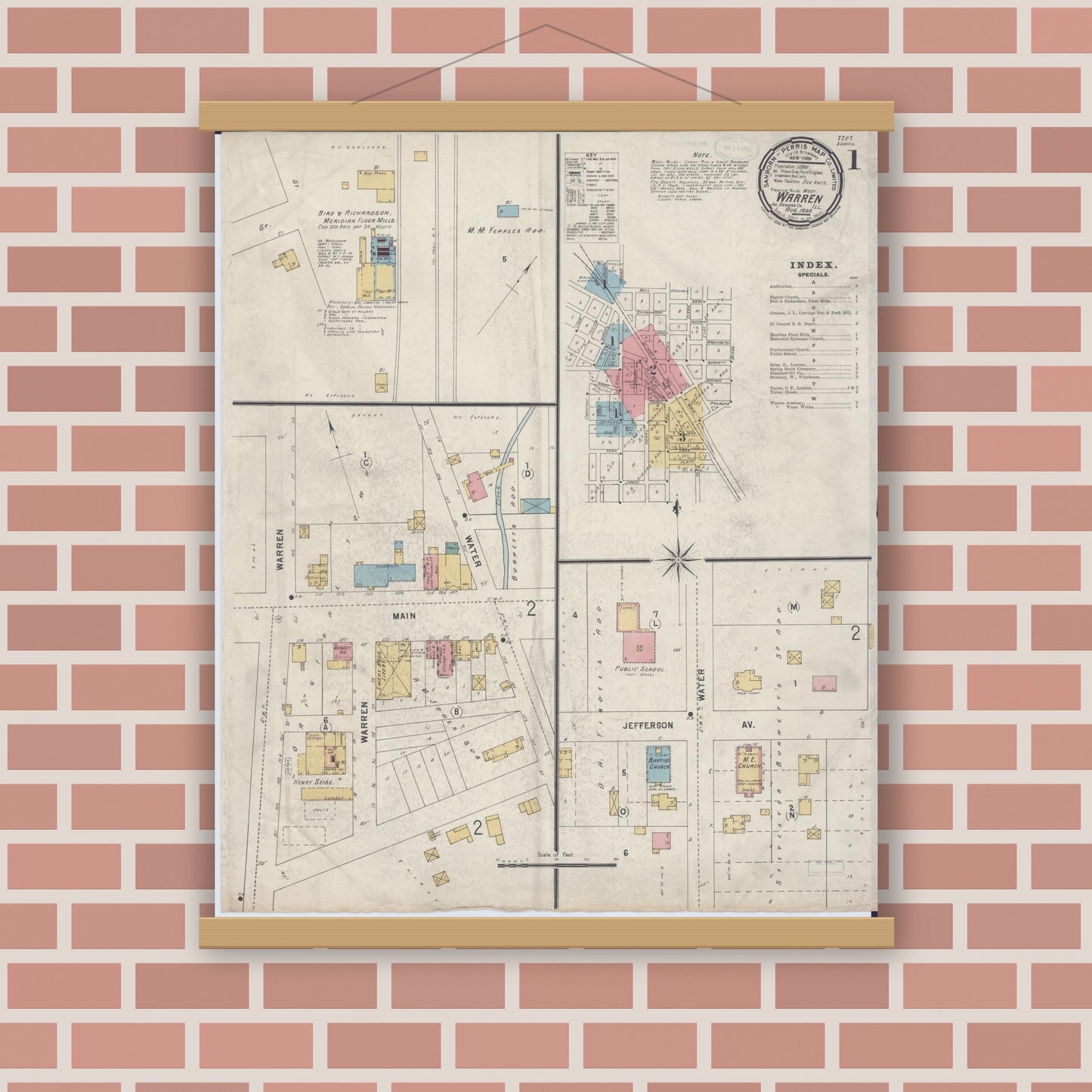 Old map wall art mockup — magnetic wood frame on brick wall — Sanborn Fire Insurance Map from Warren, Jo Daviess County, Illinois (1898), Sheet #0001