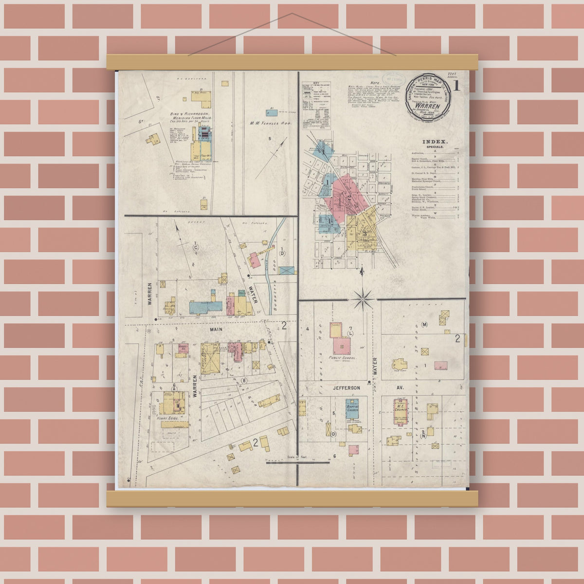 Old map wall art mockup — magnetic wood frame on brick wall — Sanborn Fire Insurance Map from Warren, Jo Daviess County, Illinois (1898), Sheet #0001