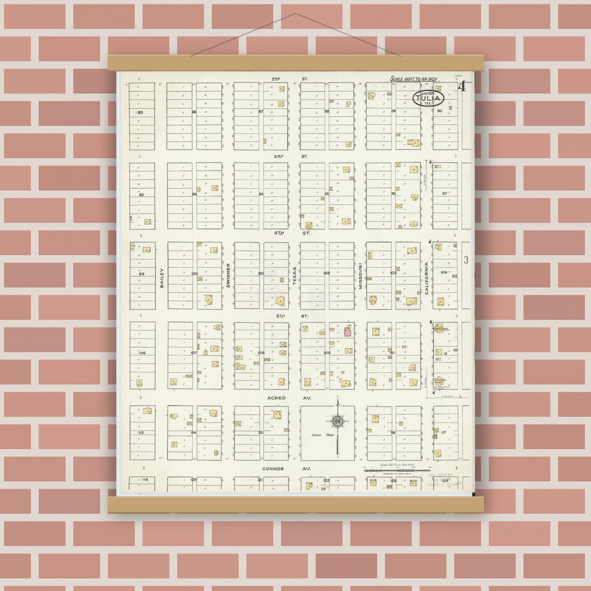 Old map wall art mockup — magnetic wood frame on brick wall — Sanborn Fire Insurance Map from Tulia, Swisher County, Texas (1921), Sheet #0004