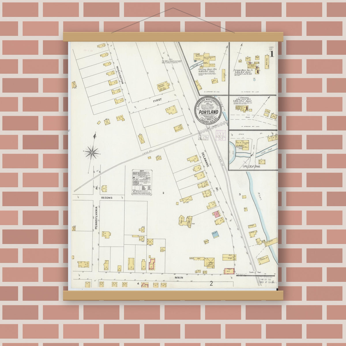 Old map wall art mockup — magnetic wood frame on brick wall — Sanborn Fire Insurance Map from Portland, Northampton County, Pennsylvania (1904) - Complete Map Set
