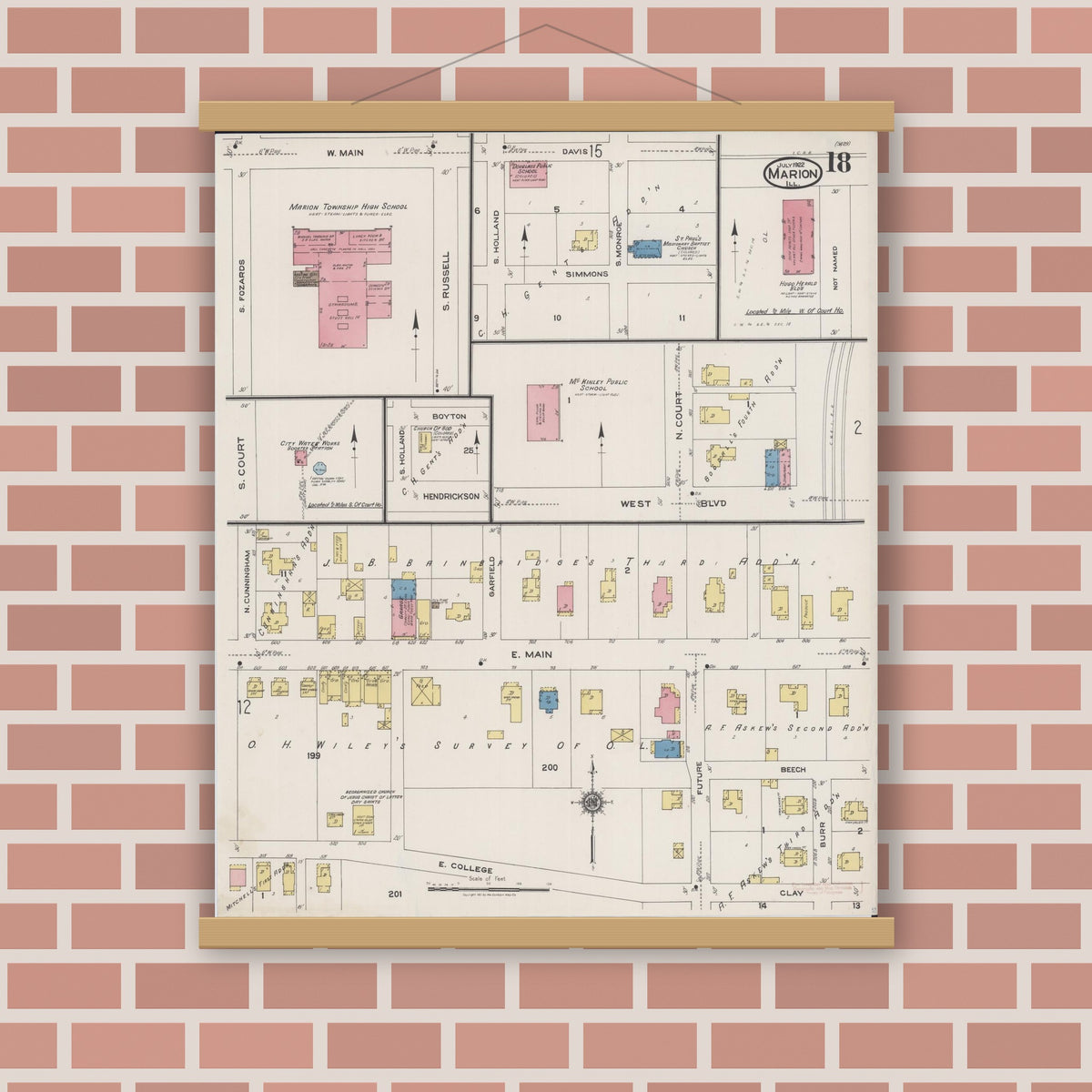 Old map wall art mockup — magnetic wood frame on brick wall — Sanborn Fire Insurance Map from Marion, Williamson County, Illinois (1922), Sheet #0018