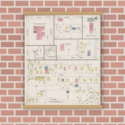 Old map wall art mockup — magnetic wood frame on brick wall — Sanborn Fire Insurance Map from Marion, Williamson County, Illinois (1922), Sheet #0018