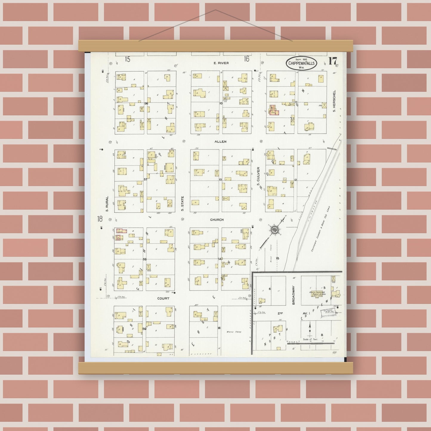 Old map wall art mockup — magnetic wood frame on brick wall — Sanborn Fire Insurance Map from Chippewa Falls, Chippewa County, Wisconsin (1910), Sheet #0017