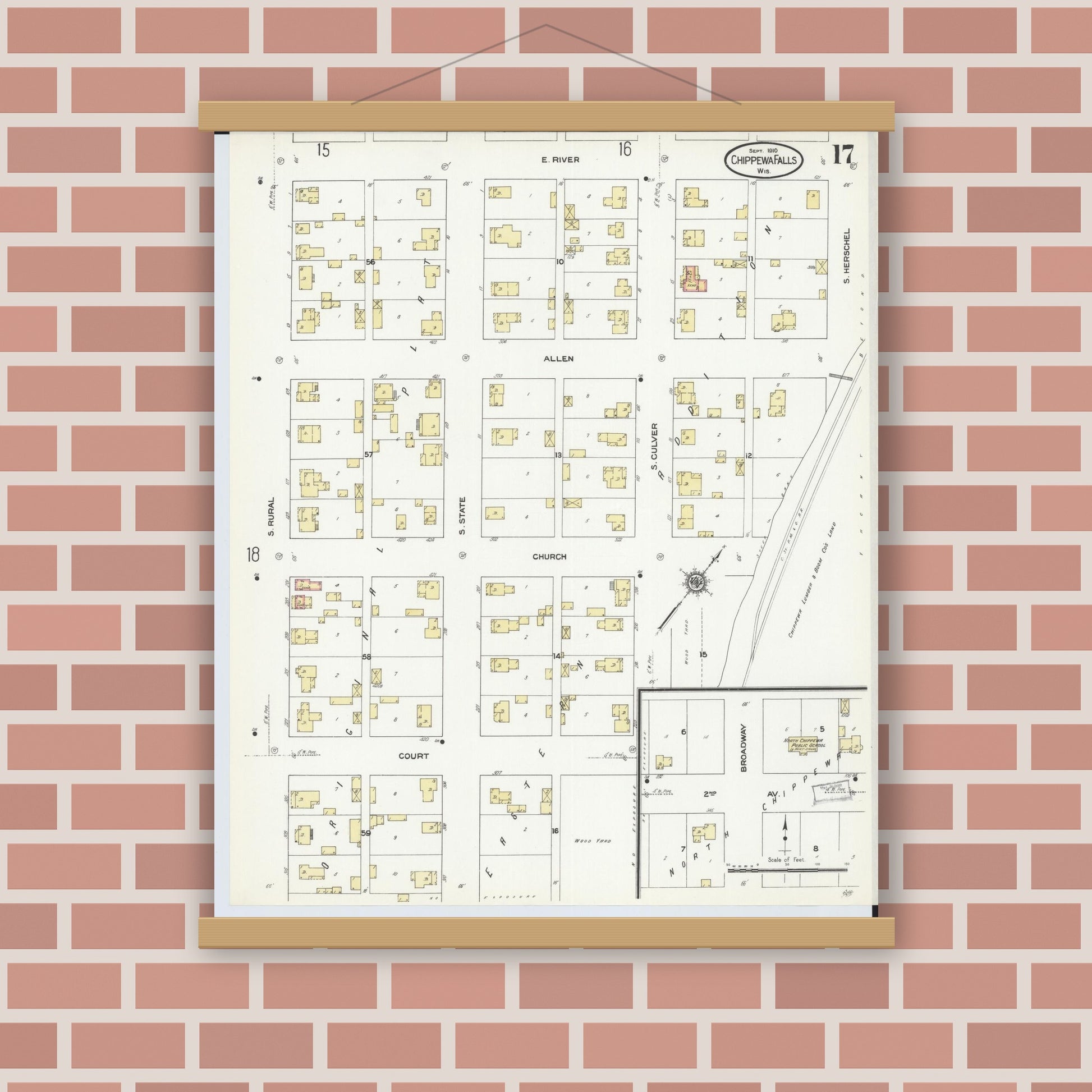 Old map wall art mockup — magnetic wood frame on brick wall — Sanborn Fire Insurance Map from Chippewa Falls, Chippewa County, Wisconsin (1910), Sheet #0017