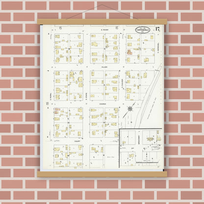 Old map wall art mockup — magnetic wood frame on brick wall — Sanborn Fire Insurance Map from Chippewa Falls, Chippewa County, Wisconsin (1910), Sheet #0017