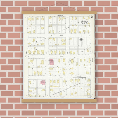 Old map wall art mockup — magnetic wood frame on brick wall — Sanborn Fire Insurance Map from Eaton, Delaware County, Indiana (1910), Sheet #0003
