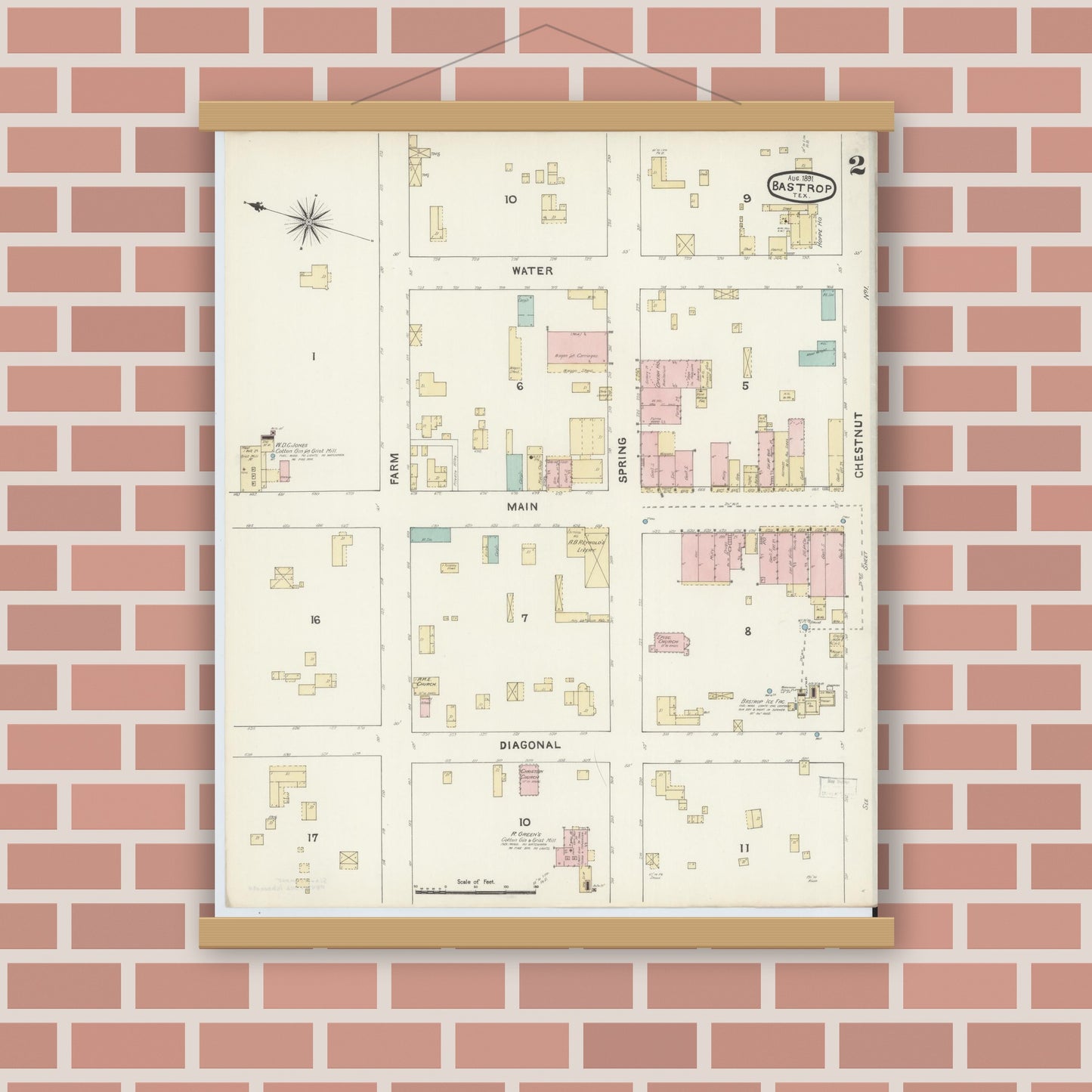 Old map wall art mockup — magnetic wood frame on brick wall — Sanborn Fire Insurance Map from Bastrop, Bastrop County, Texas (1891), Sheet #0002