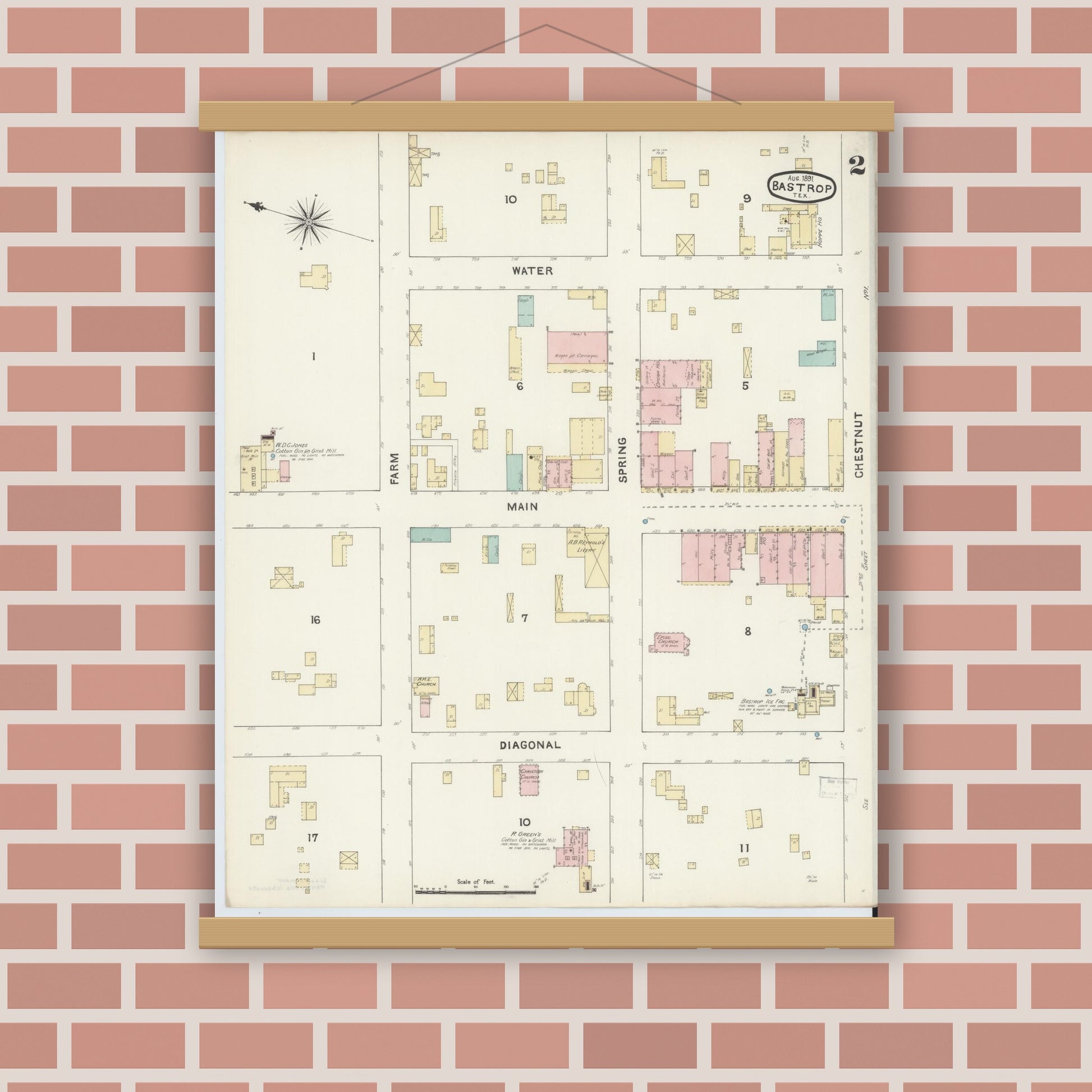 Old map wall art mockup — magnetic wood frame on brick wall — Sanborn Fire Insurance Map from Bastrop, Bastrop County, Texas (1891), Sheet #0002
