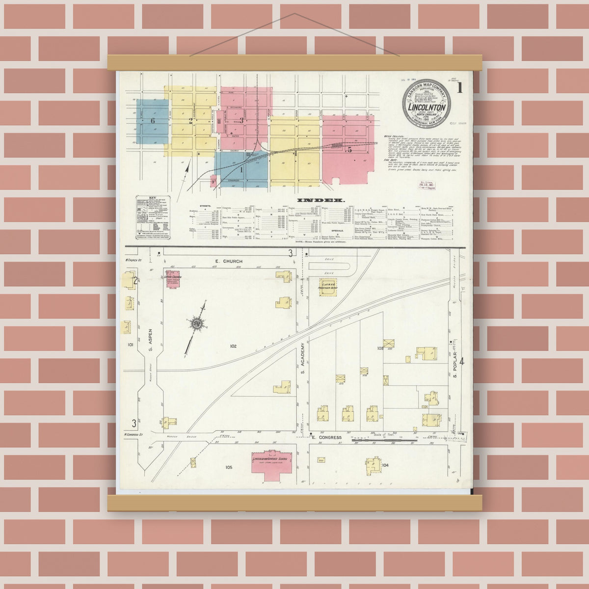 Old map wall art mockup — magnetic wood frame on brick wall — Sanborn Fire Insurance Map from Lincolnton, Lincoln County, North Carolina (1911) - Complete Map Set