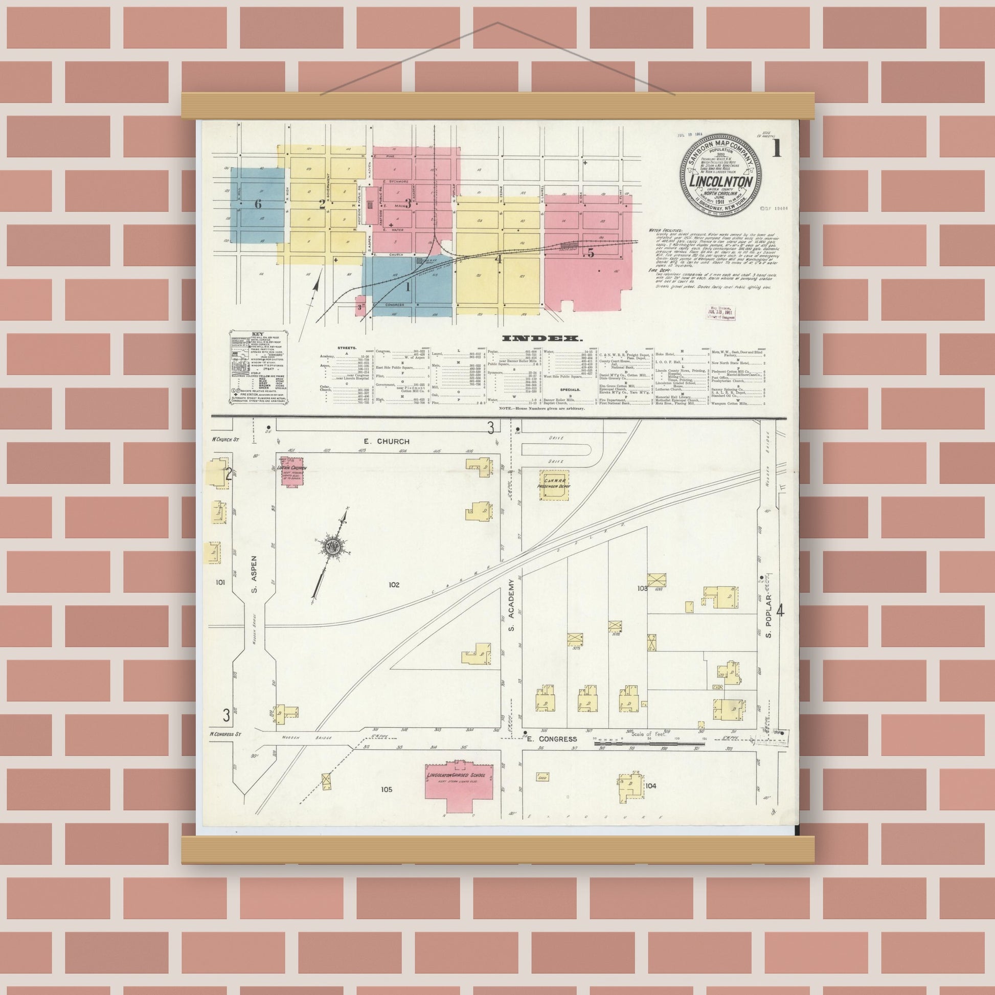 Old map wall art mockup — magnetic wood frame on brick wall — Sanborn Fire Insurance Map from Lincolnton, Lincoln County, North Carolina (1911) - Complete Map Set