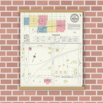 Old map wall art mockup — magnetic wood frame on brick wall — Sanborn Fire Insurance Map from Lincolnton, Lincoln County, North Carolina (1911) - Complete Map Set