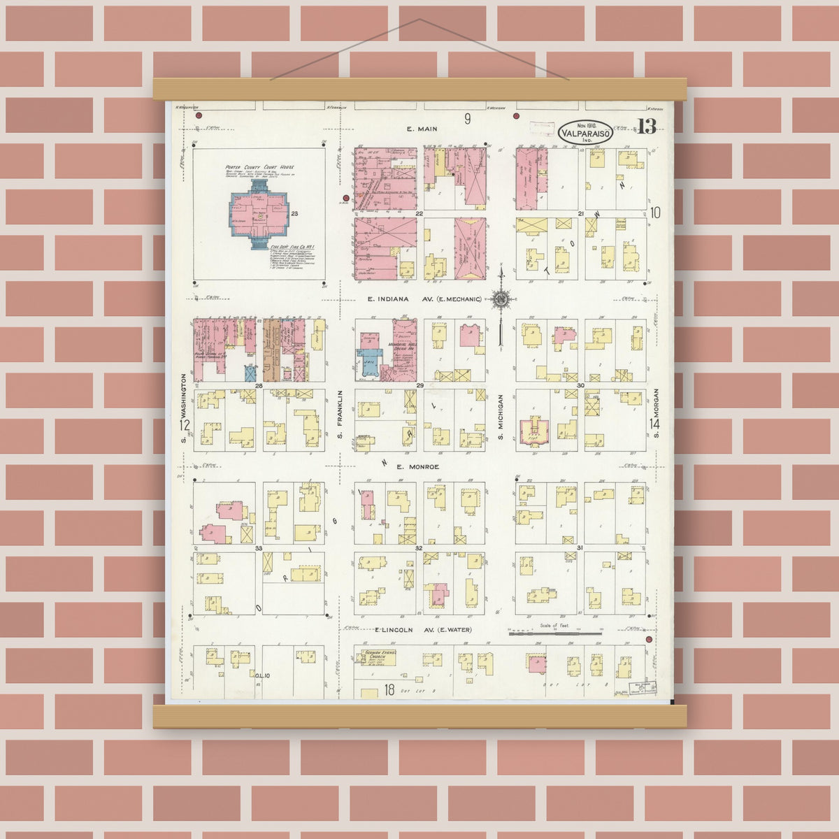 Old map wall art mockup — magnetic wood frame on brick wall — Sanborn Fire Insurance Map from Valparaiso, Porter County, Indiana (1910), Sheet #0013