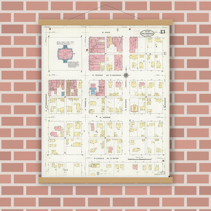 Old map wall art mockup — magnetic wood frame on brick wall — Sanborn Fire Insurance Map from Valparaiso, Porter County, Indiana (1910), Sheet #0013