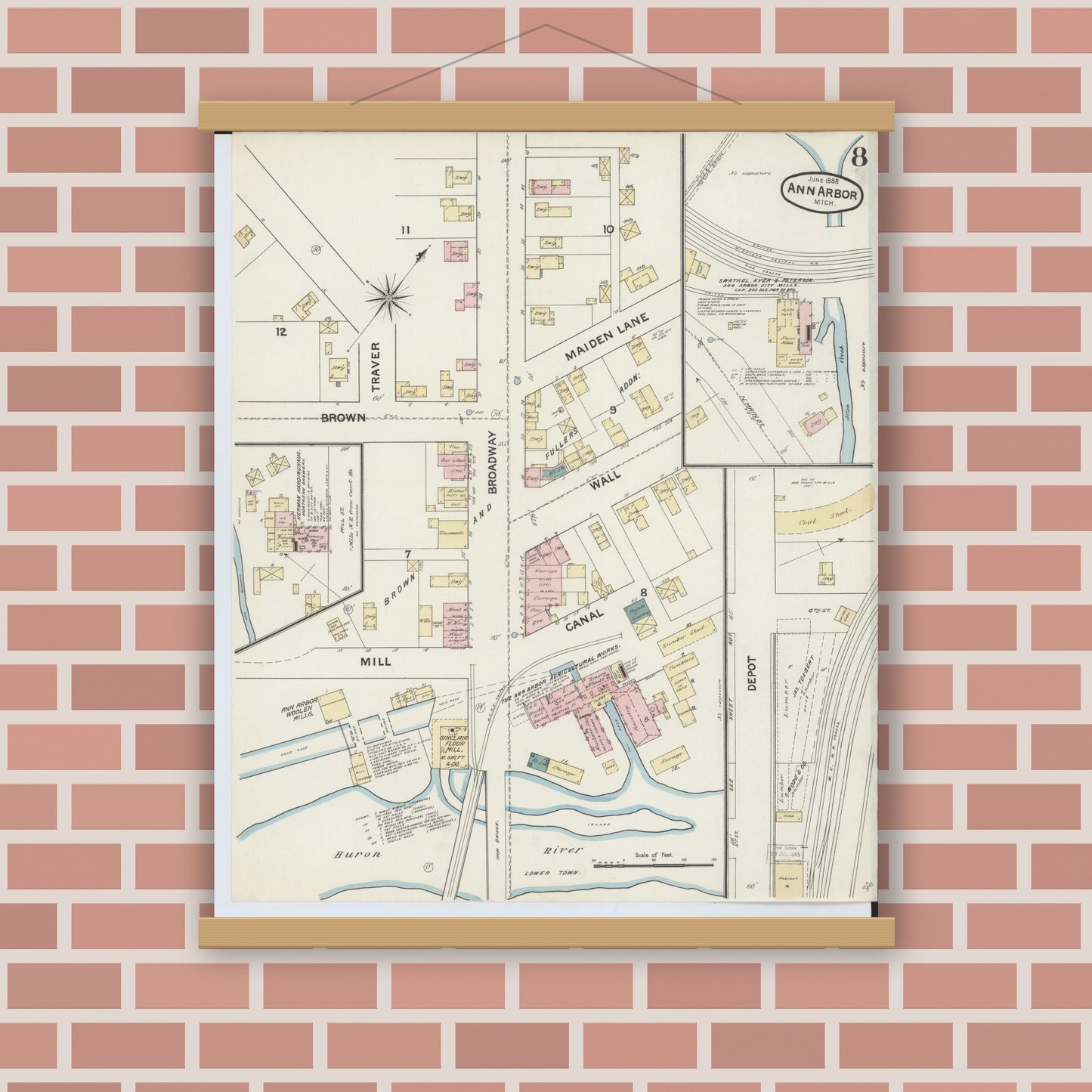 Old map wall art mockup — magnetic wood frame on brick wall — Sanborn Fire Insurance Map from Ann Arbor, Washtenaw County, Michigan (1888), Sheet #0008