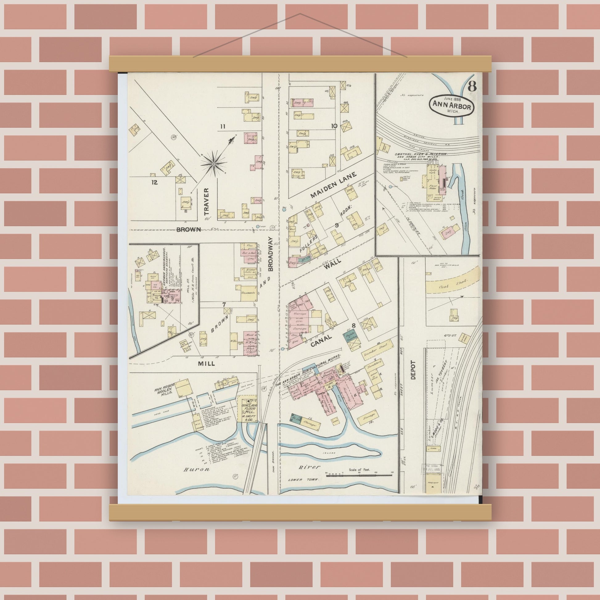 Old map wall art mockup — magnetic wood frame on brick wall — Sanborn Fire Insurance Map from Ann Arbor, Washtenaw County, Michigan (1888), Sheet #0008