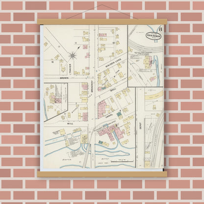 Old map wall art mockup — magnetic wood frame on brick wall — Sanborn Fire Insurance Map from Ann Arbor, Washtenaw County, Michigan (1888), Sheet #0008
