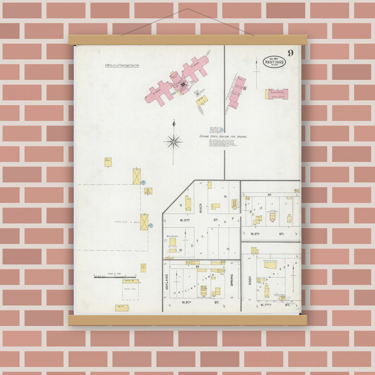 Old map wall art mockup — magnetic wood frame on brick wall — Sanborn Fire Insurance Map from Hastings, Dakota County, Minnesota (1904), Sheet #0009