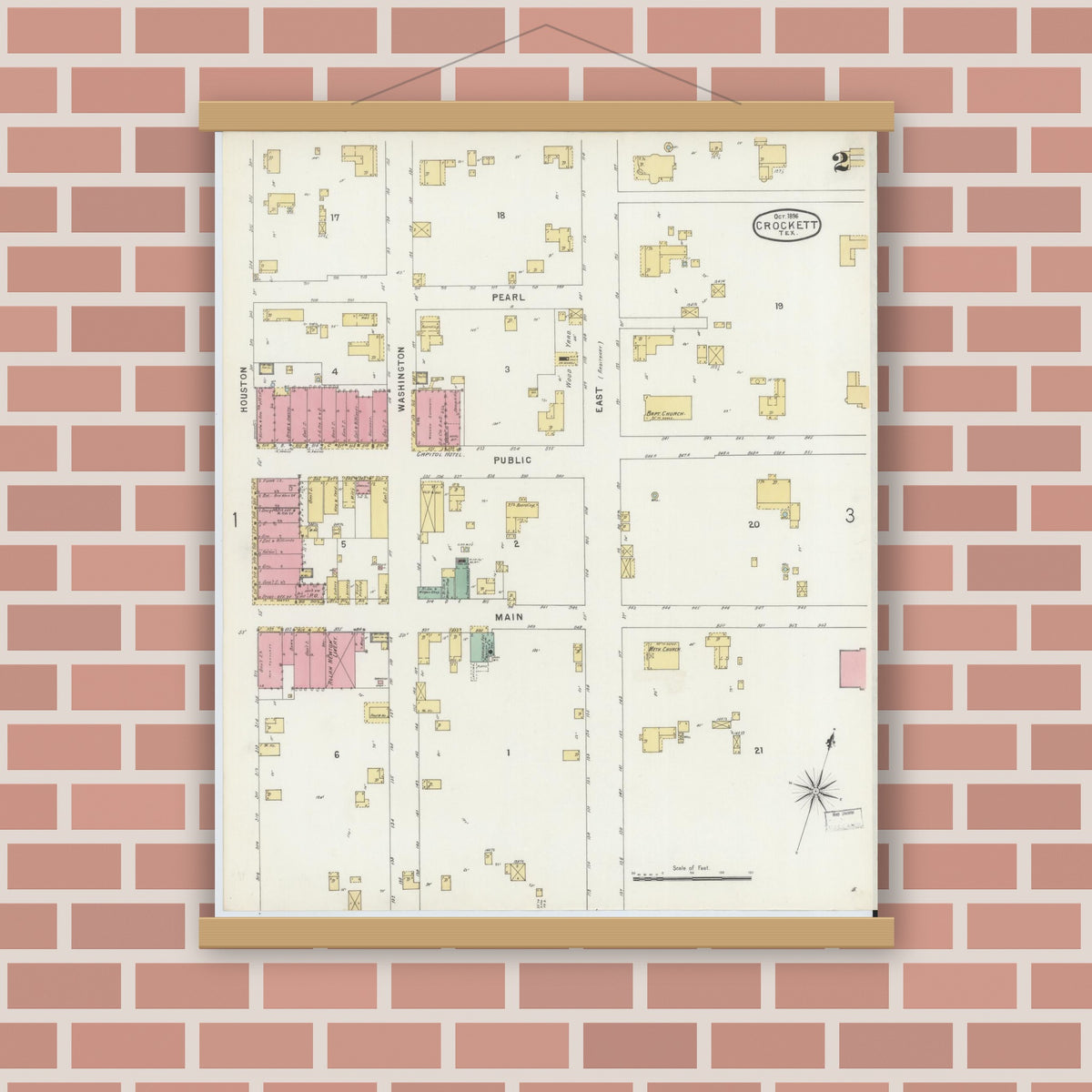 Old map wall art mockup — magnetic wood frame on brick wall — Sanborn Fire Insurance Map from Crockett, Houston County, Texas (1896), Sheet #0002