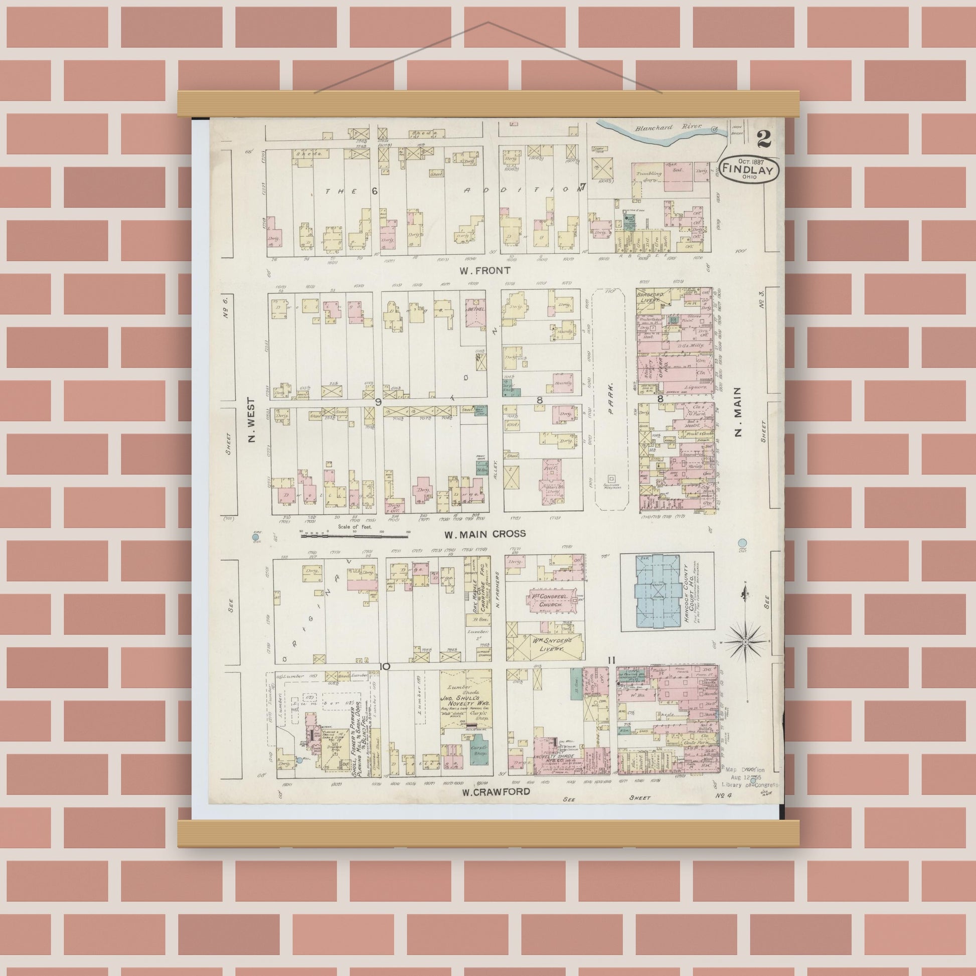 Old map wall art mockup — magnetic wood frame on brick wall — Sanborn Fire Insurance Map from Findlay, Hancock County, Ohio (1887), Sheet #0002
