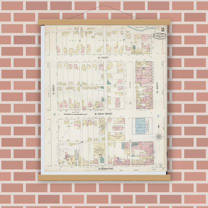 Old map wall art mockup — magnetic wood frame on brick wall — Sanborn Fire Insurance Map from Findlay, Hancock County, Ohio (1887), Sheet #0002