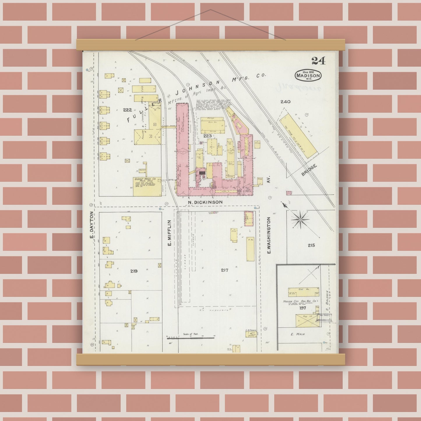 Old map wall art mockup — magnetic wood frame on brick wall — Sanborn Fire Insurance Map from Madison, Dane County, Wisconsin (1892), Sheet #0024