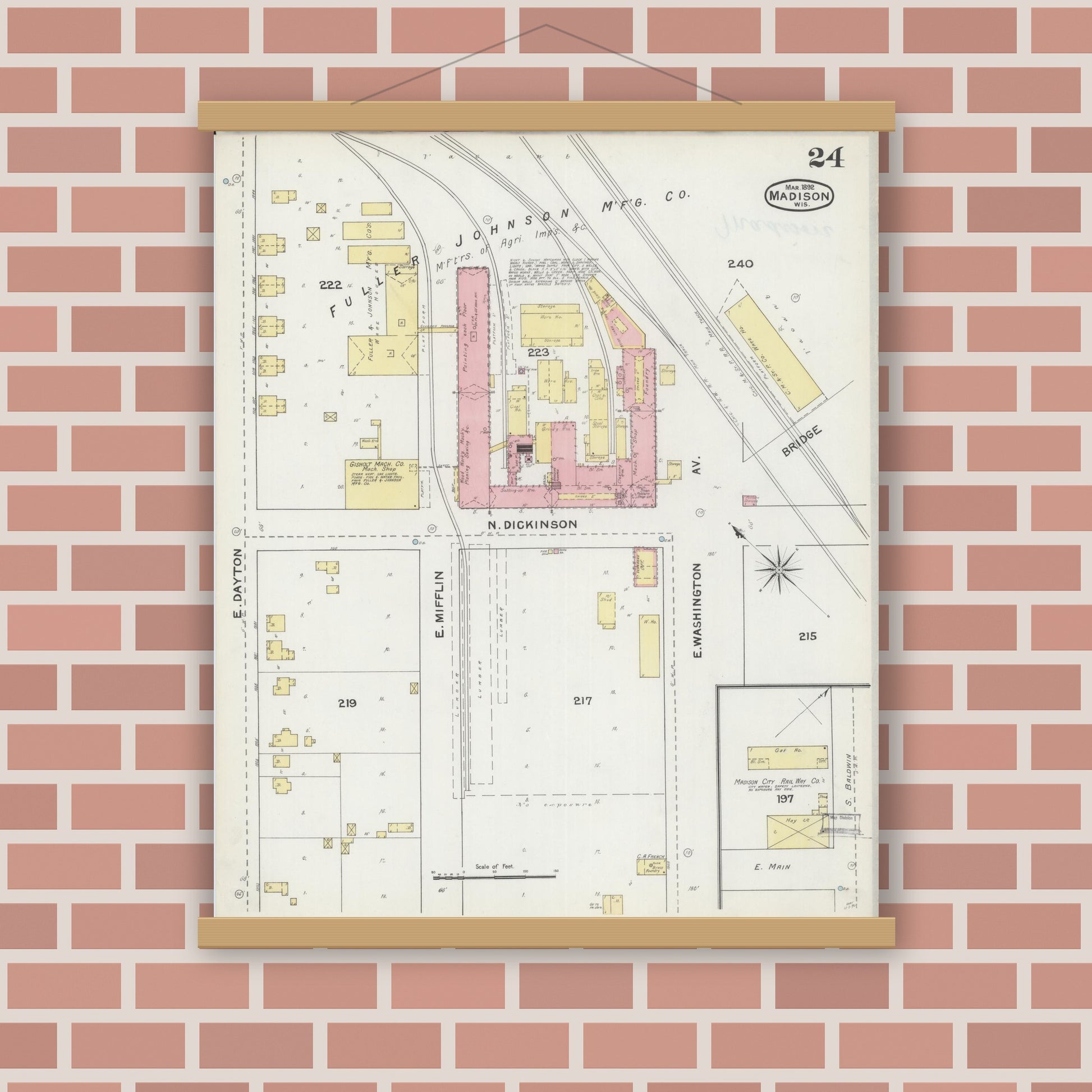 Old map wall art mockup — magnetic wood frame on brick wall — Sanborn Fire Insurance Map from Madison, Dane County, Wisconsin (1892), Sheet #0024