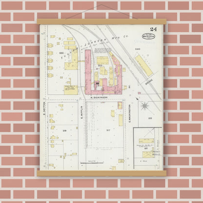 Old map wall art mockup — magnetic wood frame on brick wall — Sanborn Fire Insurance Map from Madison, Dane County, Wisconsin (1892), Sheet #0024