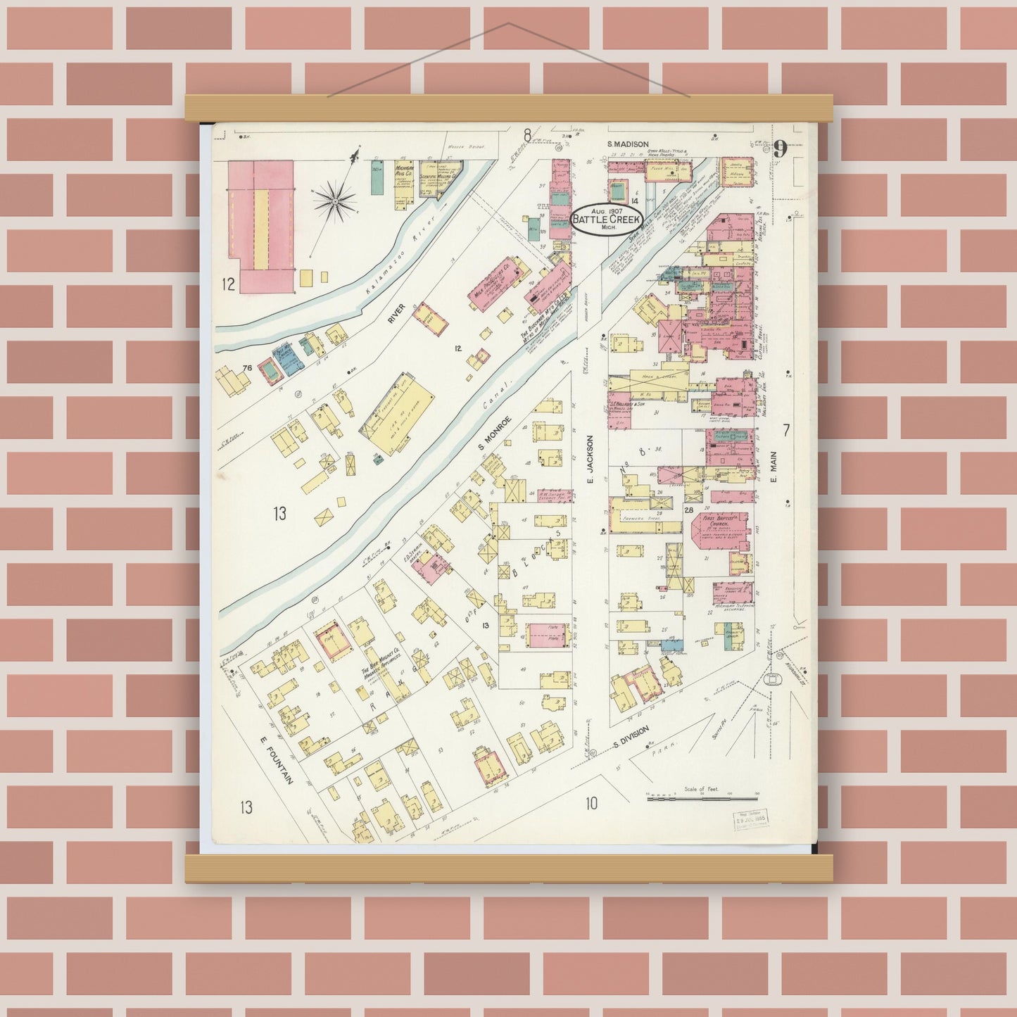 Old map wall art mockup — magnetic wood frame on brick wall — Sanborn Fire Insurance Map from Battle Creek, Calhoun County, Michigan (1907), Sheet #0009