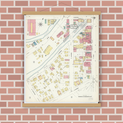 Old map wall art mockup — magnetic wood frame on brick wall — Sanborn Fire Insurance Map from Battle Creek, Calhoun County, Michigan (1907), Sheet #0009