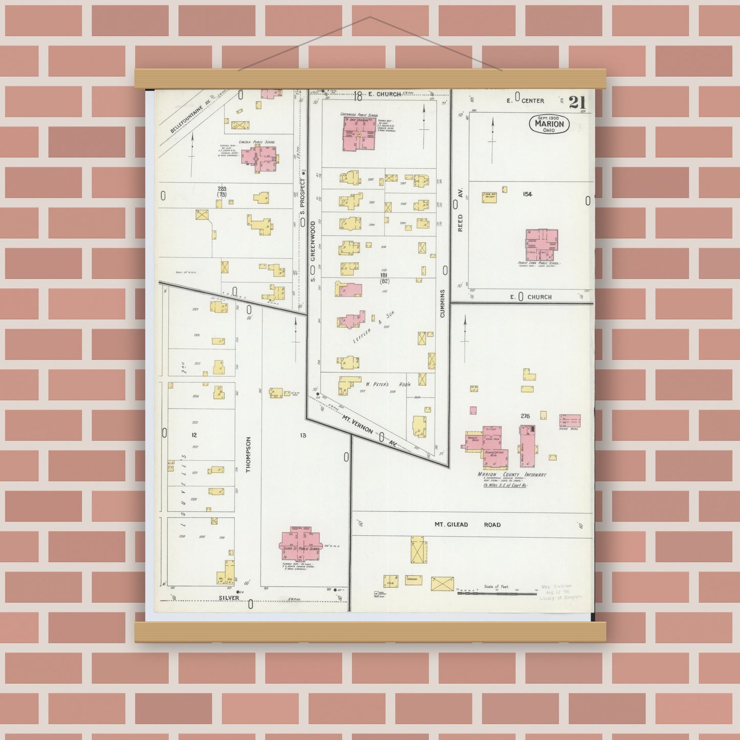 Old map wall art mockup — magnetic wood frame on brick wall — Sanborn Fire Insurance Map from Marion, Marion County, Ohio (1900), Sheet #0021