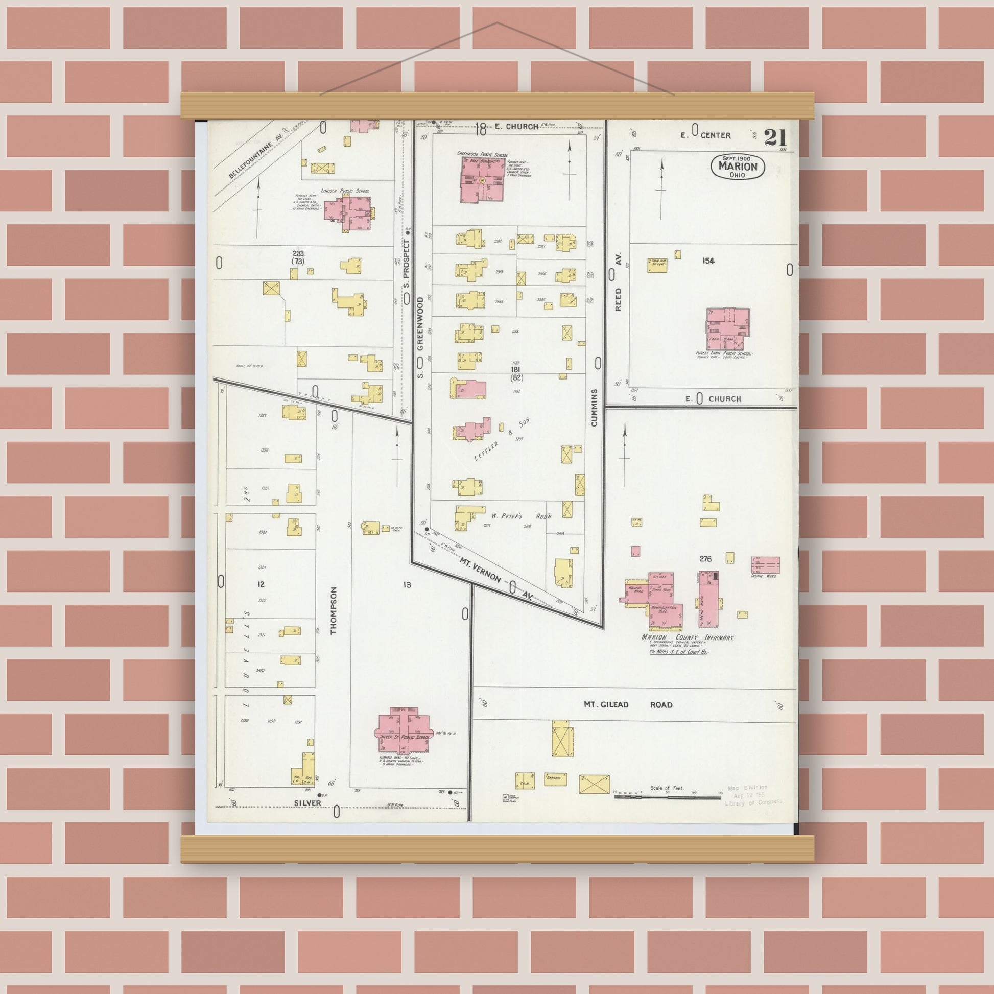 Old map wall art mockup — magnetic wood frame on brick wall — Sanborn Fire Insurance Map from Marion, Marion County, Ohio (1900), Sheet #0021