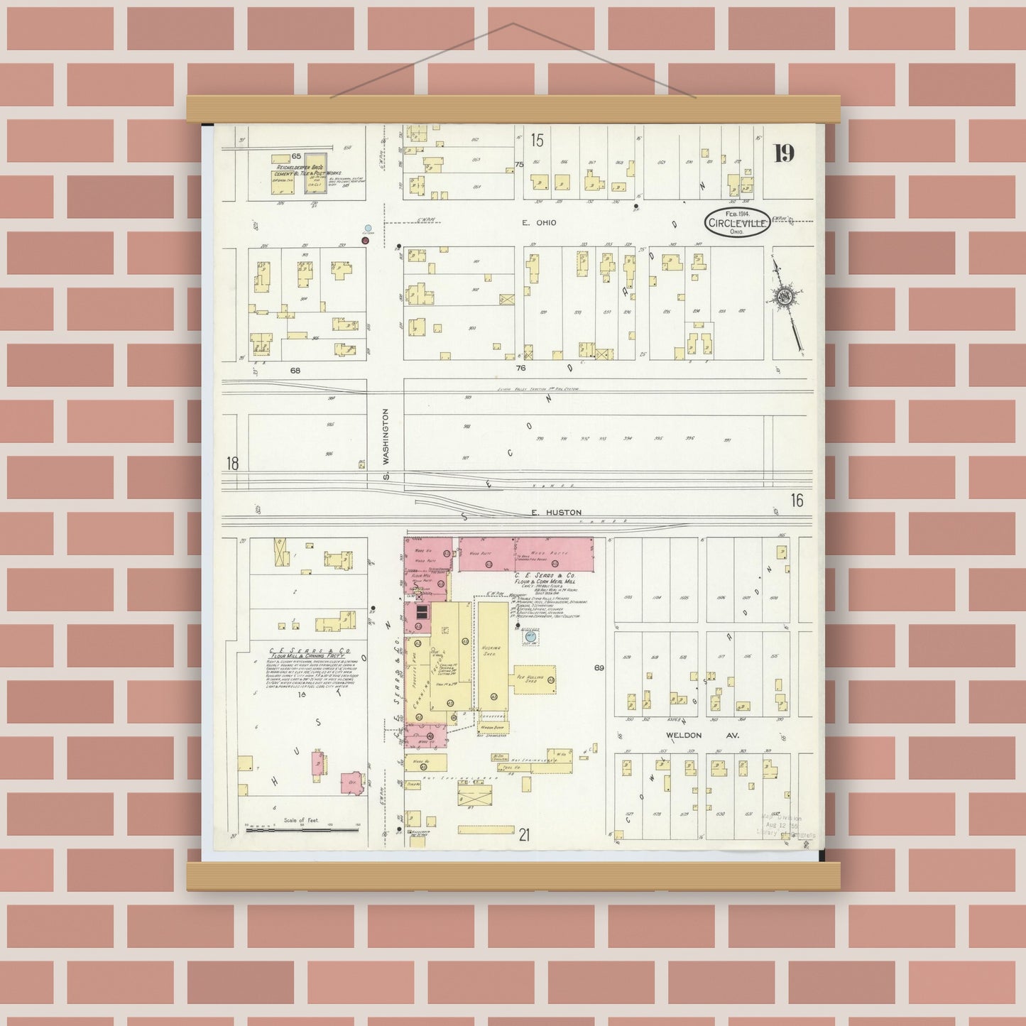 Old map wall art mockup — magnetic wood frame on brick wall — Sanborn Fire Insurance Map from Circleville, Pickaway County, Ohio (1914), Sheet #0019
