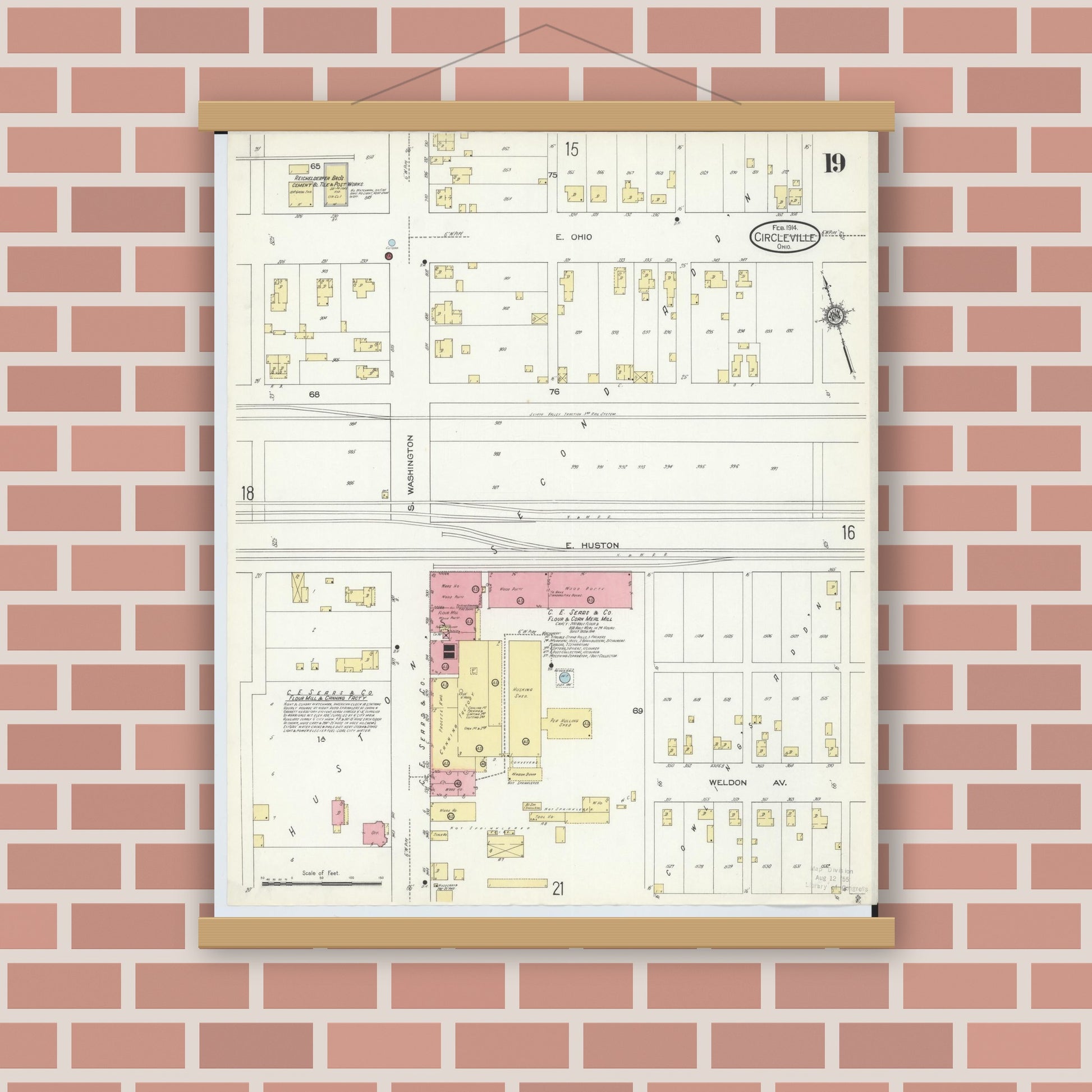 Old map wall art mockup — magnetic wood frame on brick wall — Sanborn Fire Insurance Map from Circleville, Pickaway County, Ohio (1914), Sheet #0019