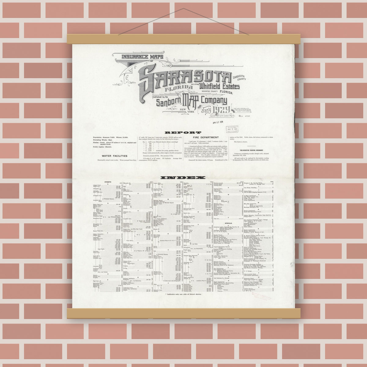 Old map wall art mockup — magnetic wood frame on brick wall — Sanborn Fire Insurance Map from Sarasota, Sarasota County, Florida (1929), Sheet #0001