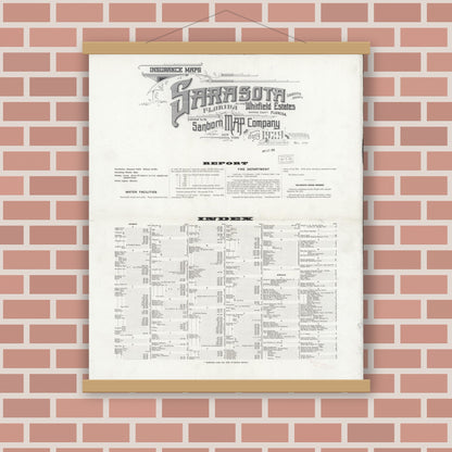 Old map wall art mockup — magnetic wood frame on brick wall — Sanborn Fire Insurance Map from Sarasota, Sarasota County, Florida (1929), Sheet #0001