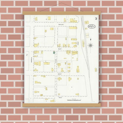 Old map wall art mockup — magnetic wood frame on brick wall — Sanborn Fire Insurance Map from Wolfe City, Hunt County, Texas (1909), Sheet #0003