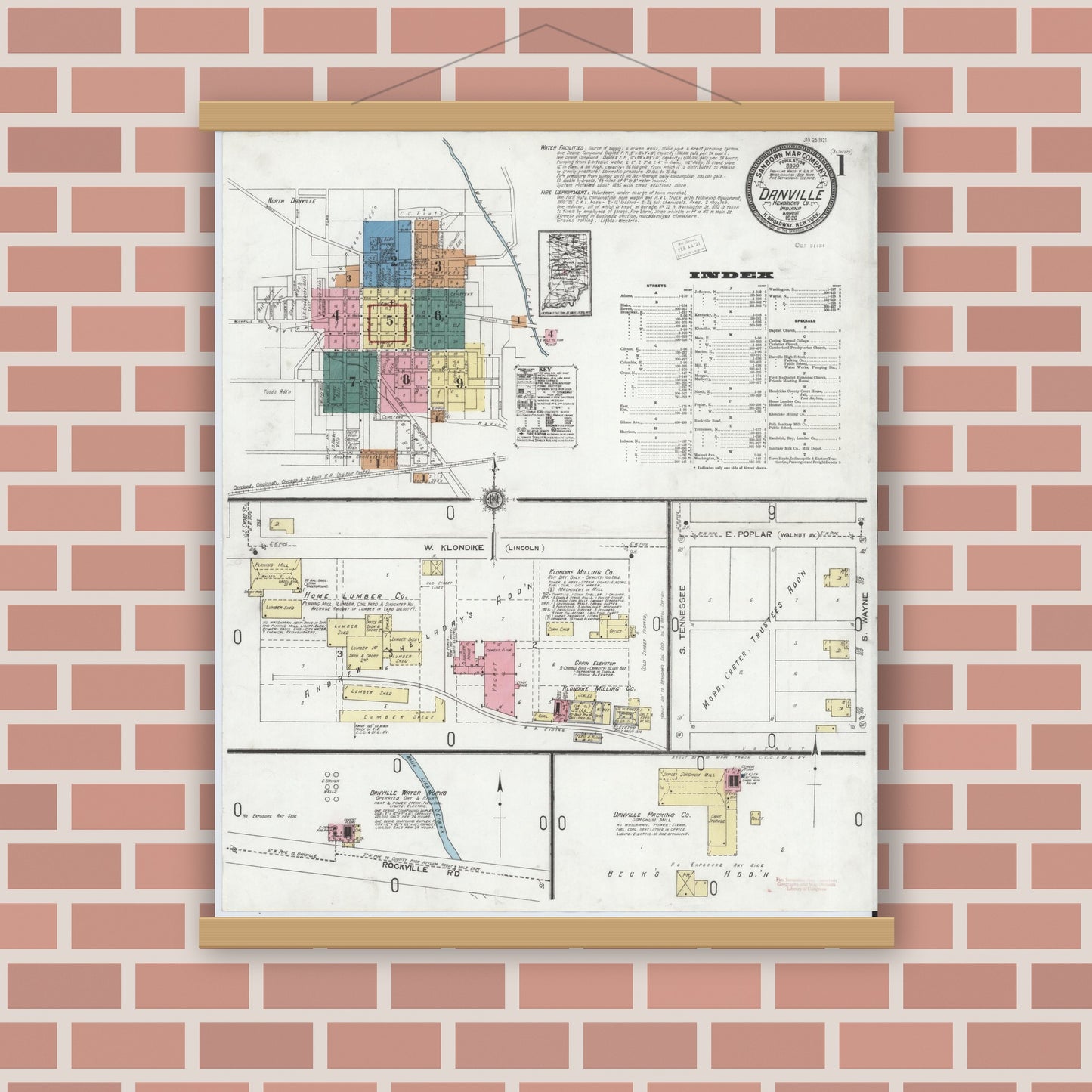Old map wall art mockup — magnetic wood frame on brick wall — Sanborn Fire Insurance Map from Danville, Hendricks County, Indiana (1920) - Complete Map Set