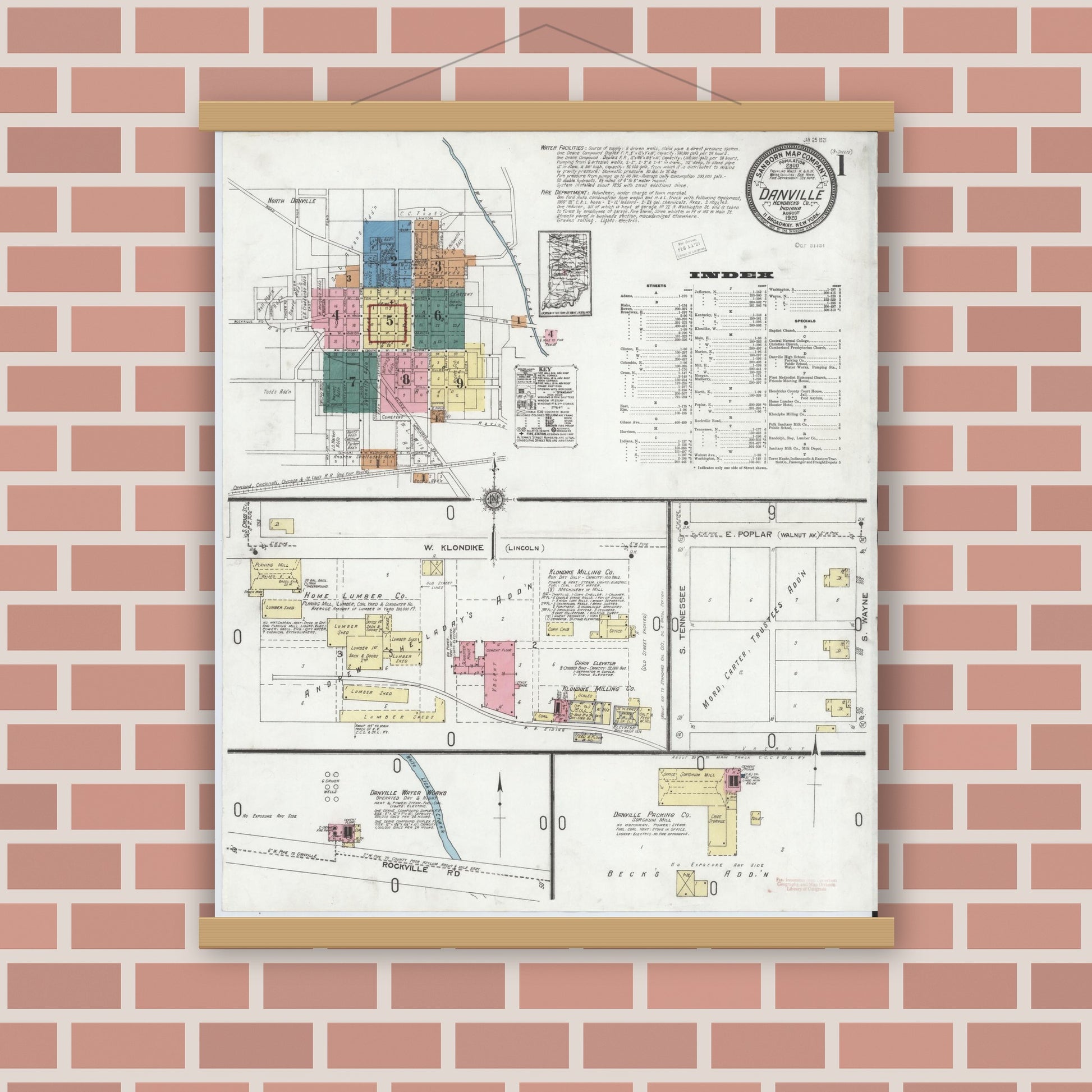 Old map wall art mockup — magnetic wood frame on brick wall — Sanborn Fire Insurance Map from Danville, Hendricks County, Indiana (1920) - Complete Map Set