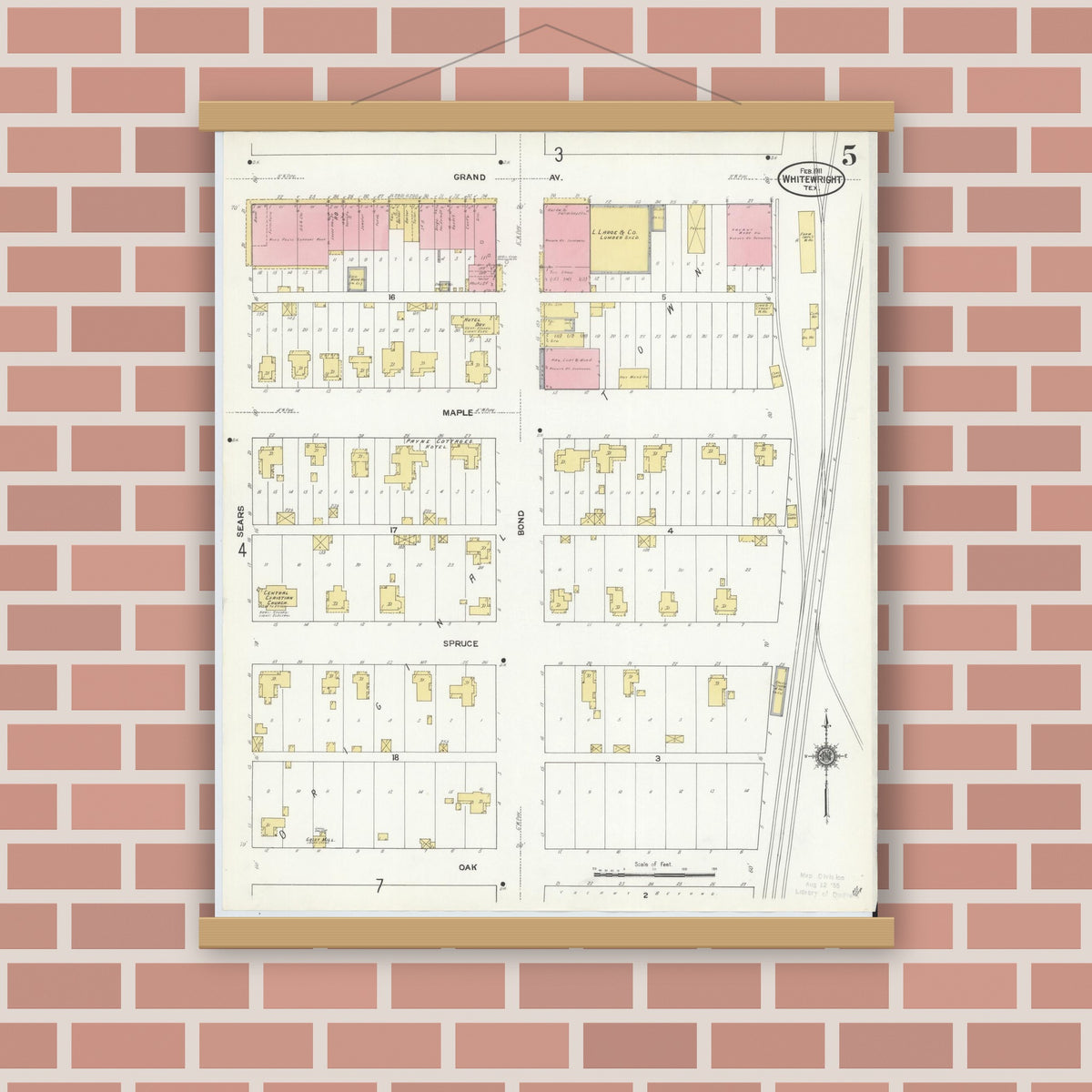 Old map wall art mockup — magnetic wood frame on brick wall — Sanborn Fire Insurance Map from Whitewright, Grayson County, Texas (1911), Sheet #0005