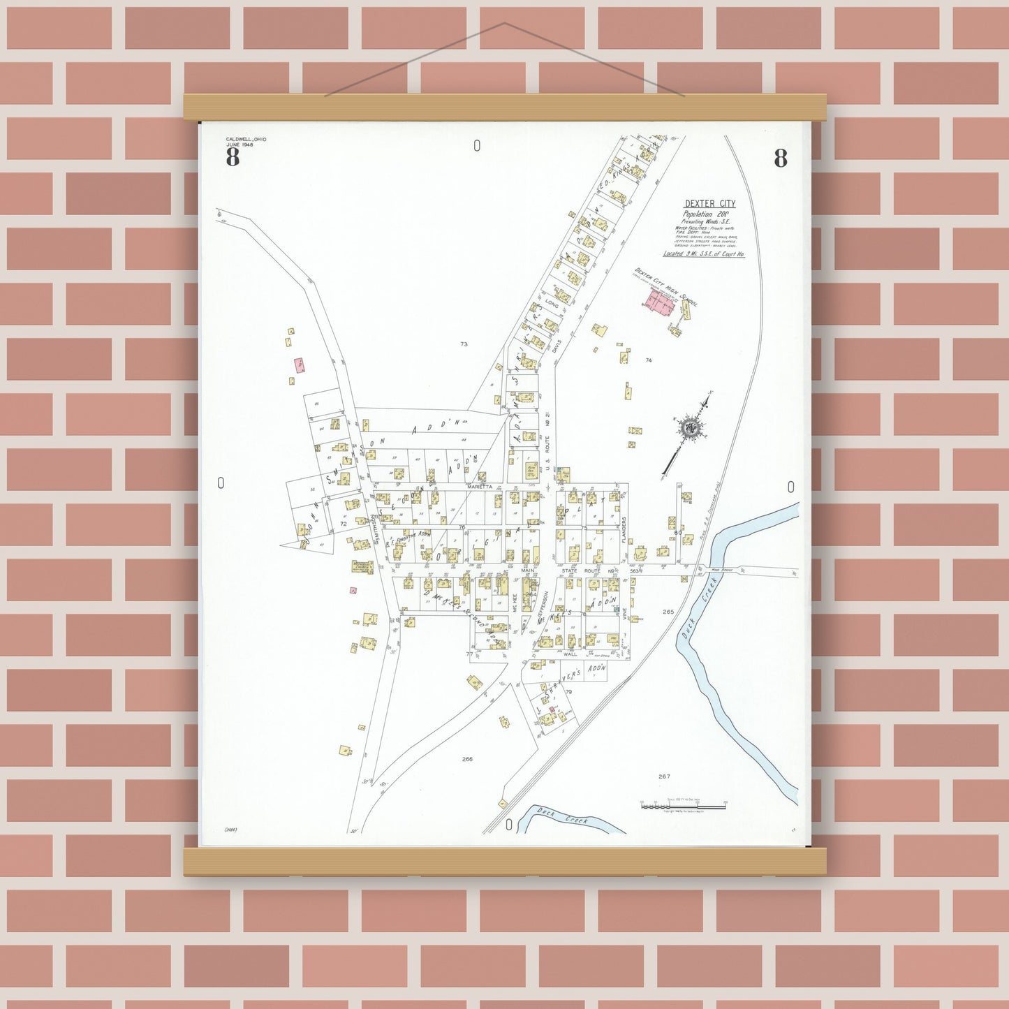 Old map wall art mockup — magnetic wood frame on brick wall — Sanborn Fire Insurance Map from Caldwell, Noble County, Ohio (1948), Sheet #0008