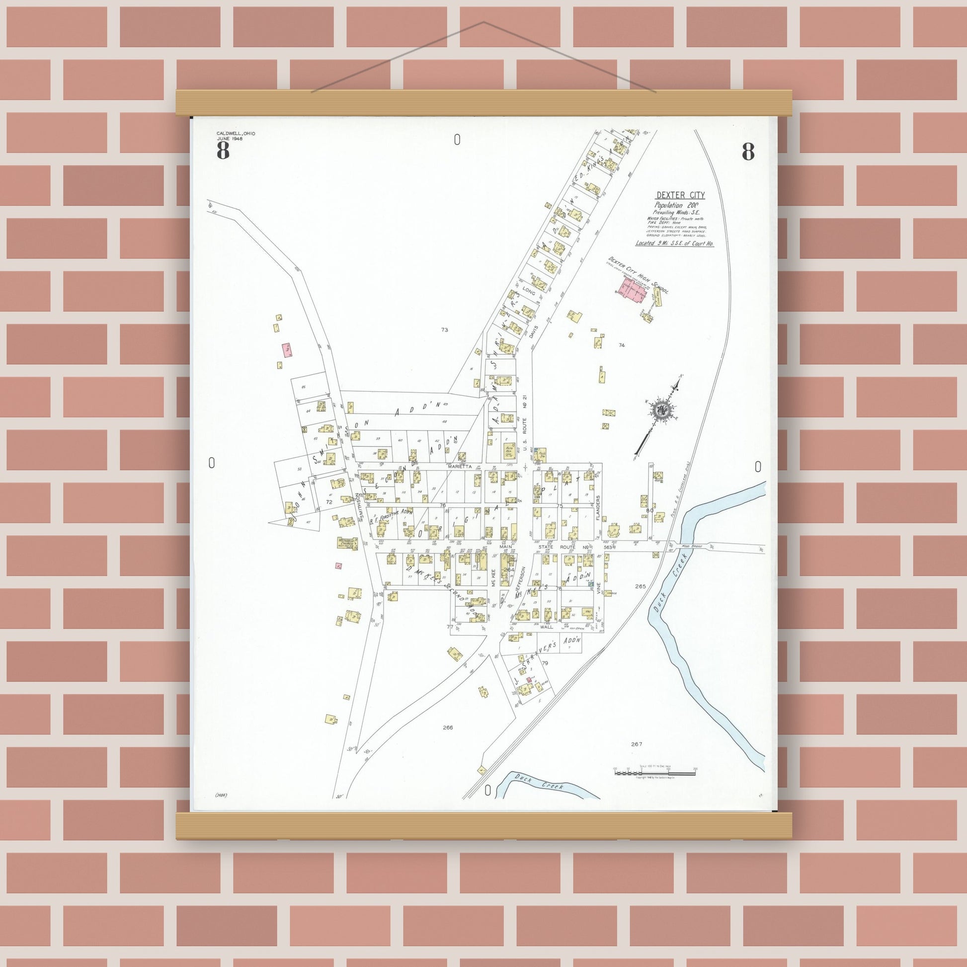 Old map wall art mockup — magnetic wood frame on brick wall — Sanborn Fire Insurance Map from Caldwell, Noble County, Ohio (1948), Sheet #0008