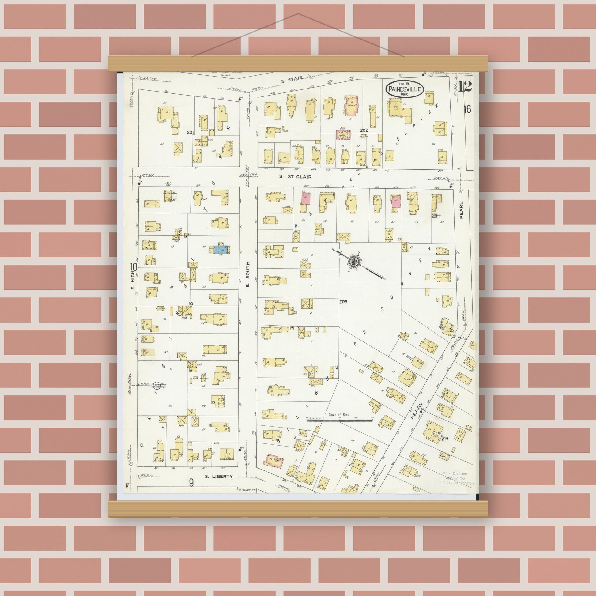 Old map wall art mockup — magnetic wood frame on brick wall — Sanborn Fire Insurance Map from Painesville, Lake County, Ohio (1911), Sheet #0012